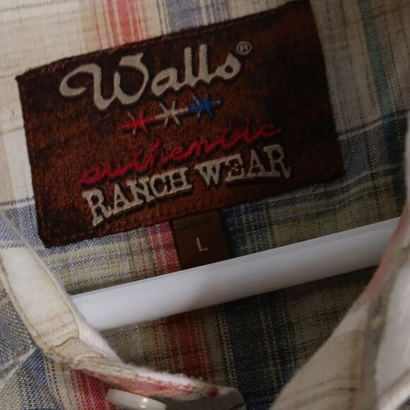 Vtg Walls Ranch Wear Western Shirt L Tan/Orange Plaid Pearl Snap Short Sleeve - Picture 6 of 15